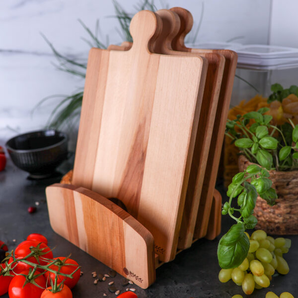 Zestaw 3 Naturalnych Desek Do Krojenia Na Praktycznym Stojaku