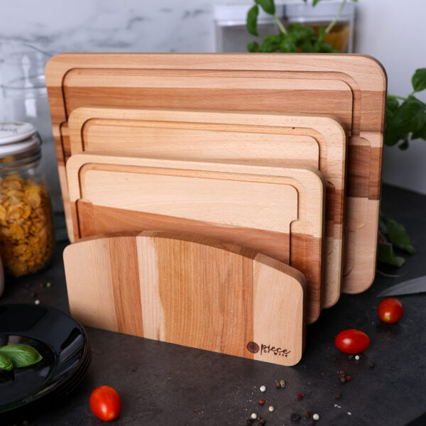 Zestaw 3 Naturalnych Desek Z Rowkiem Do Krojenia Na Praktycznym Stojaku